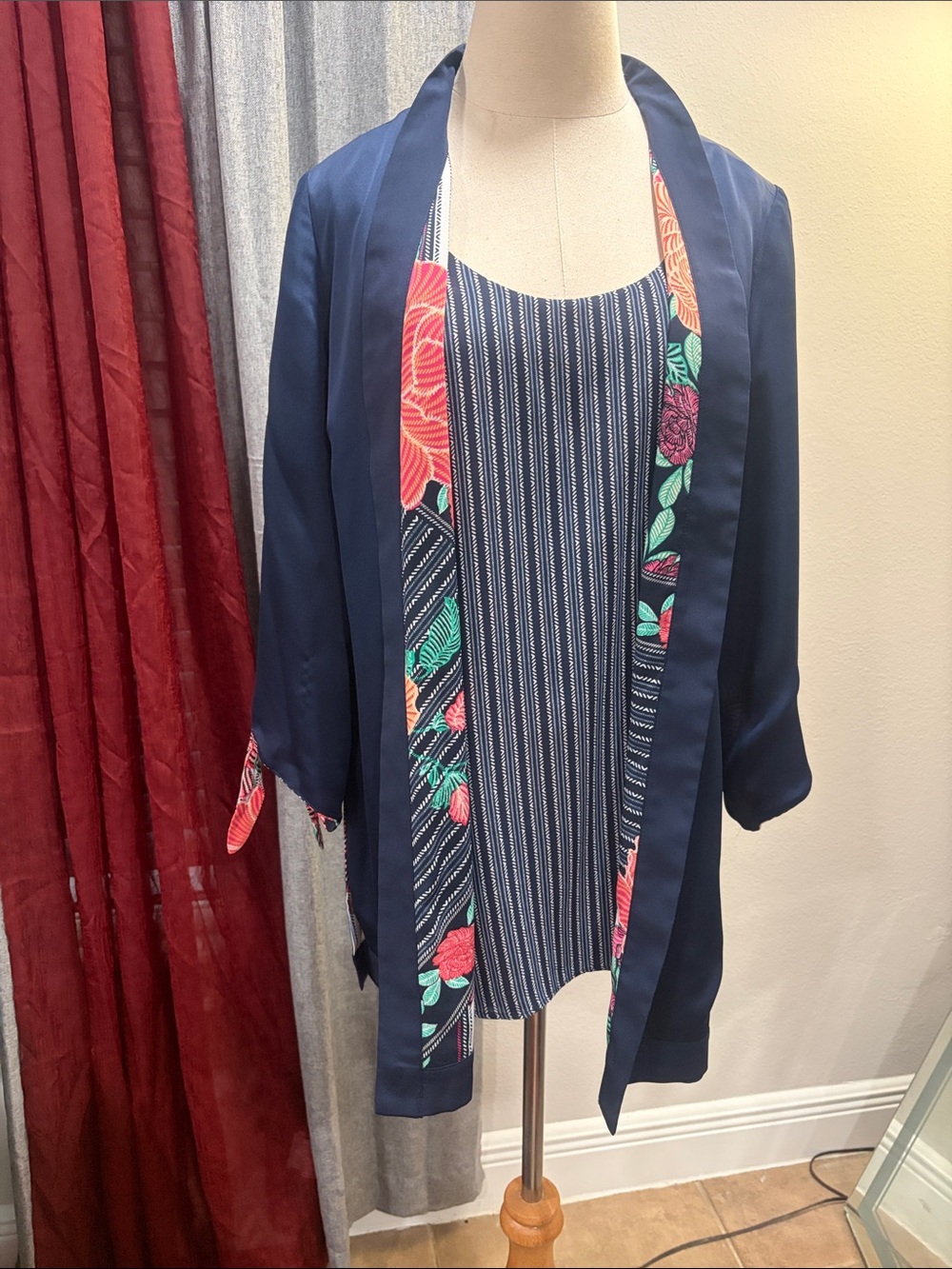 Chico's Navy Blue Floral-Trim Kimono Jacket